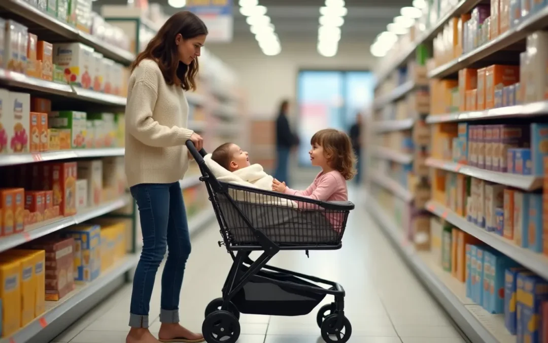 Mother practicing core recovery after childbirth, shopping in a supermarket while pushing a dual buggy with a newborn baby and a toddler, reaching for cereal.