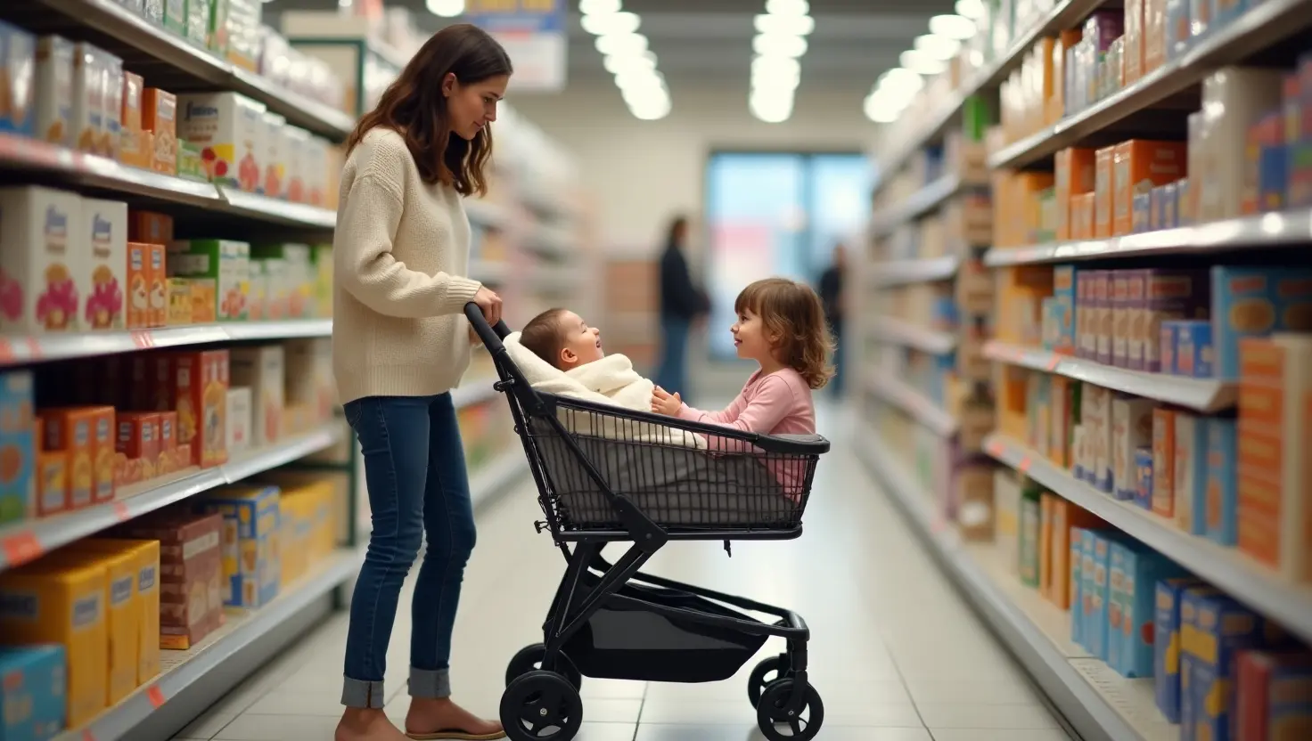Flux_Dev_A_young_mother_in_a_modern_supermarket_aisle_pushing__3 (1) Postpartum core recovery in action — mother in Southsea reaching for cereal while pushing a buggy with baby and toddler