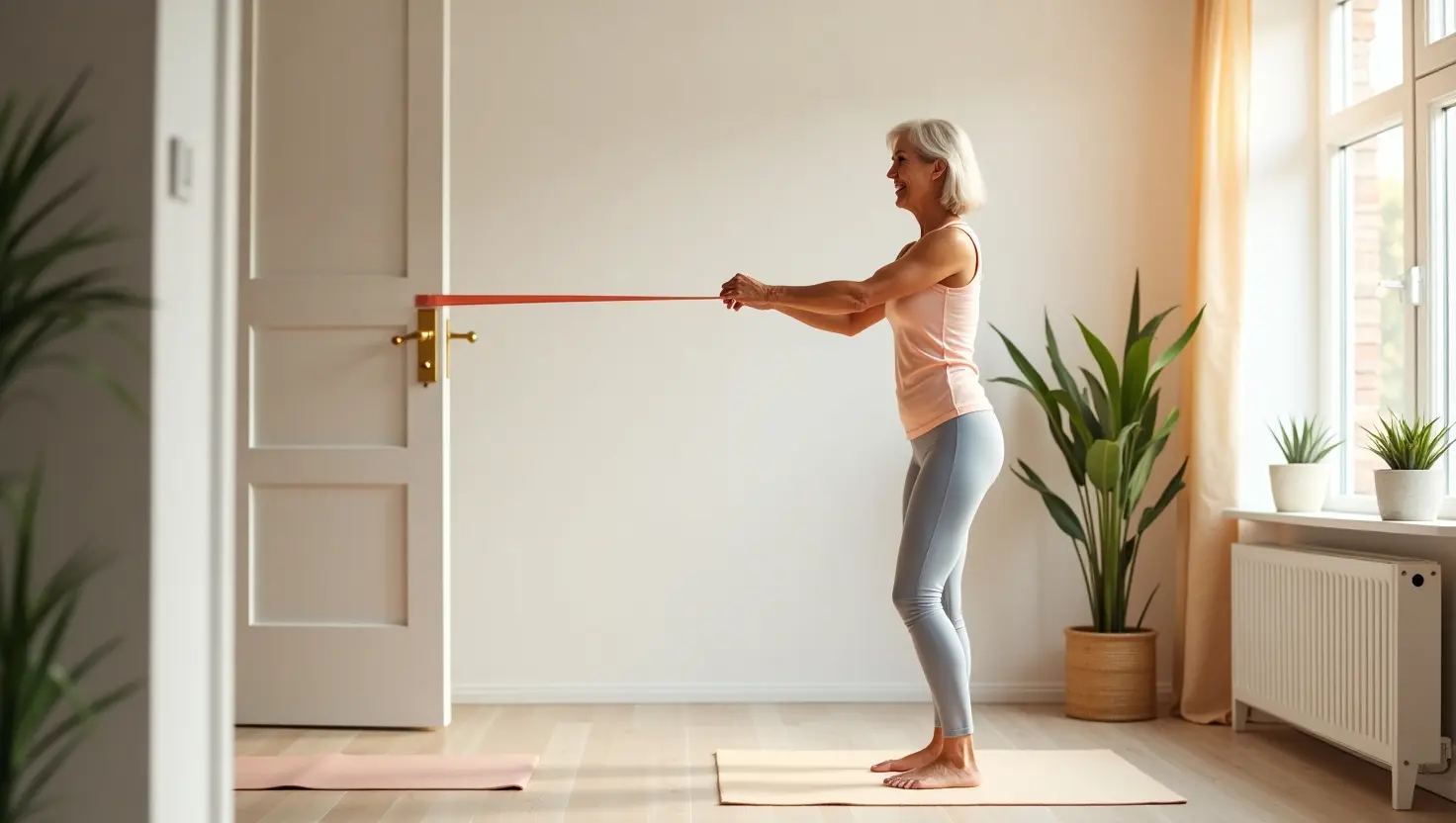 Flux_Dev_Create_a_photorealistic_image_of_a_4550yearold_woman__2 Elderly woman rebuilding core with resistance bands at home performing a Pallof pull exercise for stability and strength.
