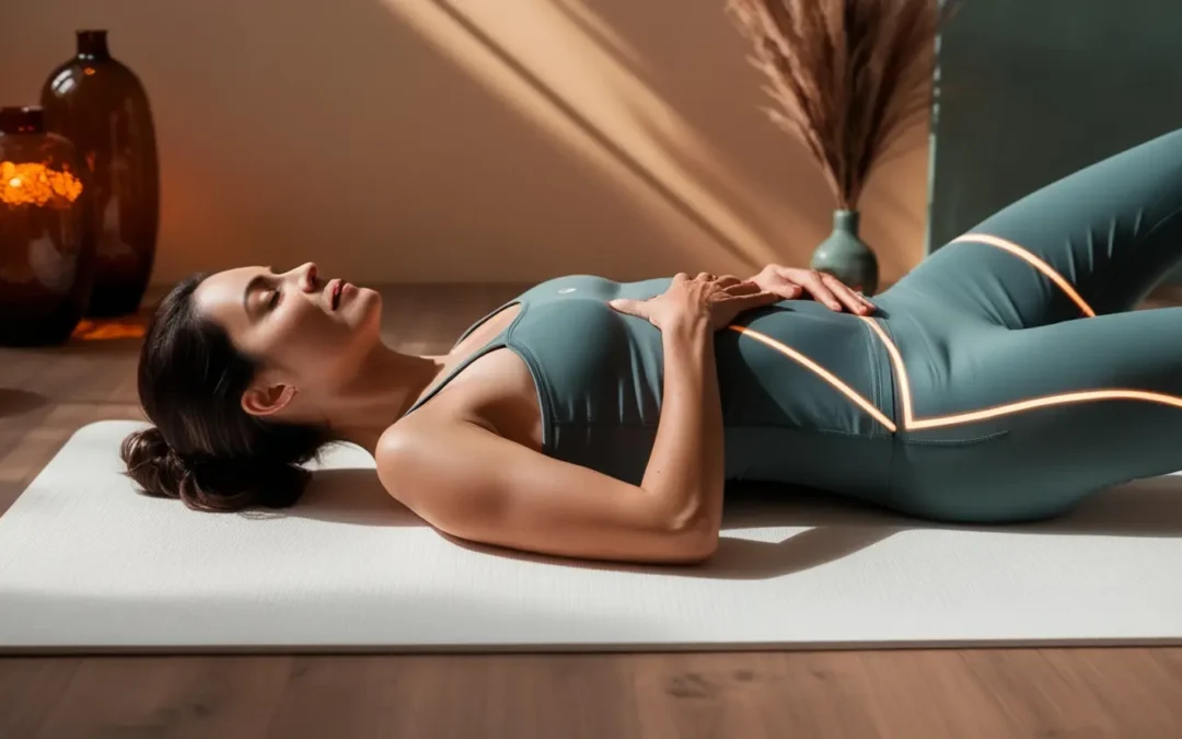 Woman lying on a mat during fascia and emotional memory release, in a calm space with brand-inspired lighting and textures