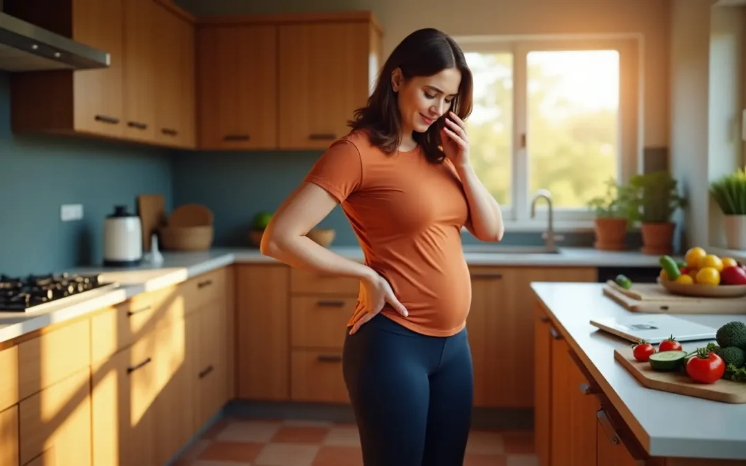 A woman with a slightly soft, untoned body stands barefoot on a bathroom scale in her kitchen, looking concerned. The image illustrates the emotional side of sustainable fat loss, with healthy food visible behind her and warm sunlight filling the room.