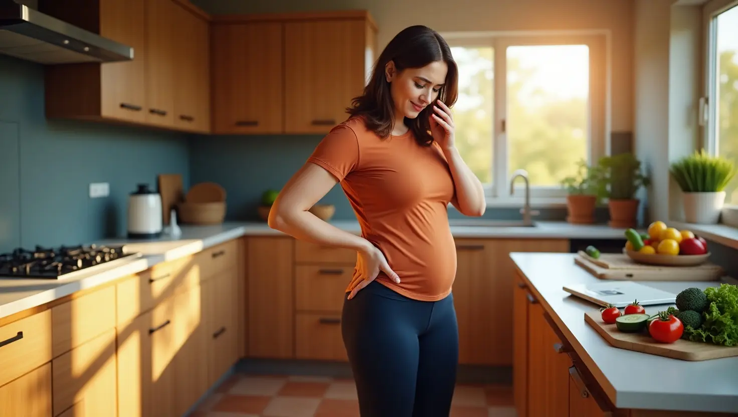 A woman with a slightly soft, untoned body stands barefoot on a bathroom scale in her kitchen, looking concerned. The image illustrates the emotional side of sustainable fat loss, with healthy food visible behind her and warm sunlight filling the room.