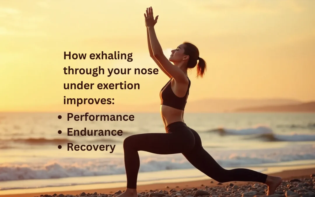 Realistic woman in deep lunge on Southsea beach, portsmouth, arms overhead, mouth closed, with nasal exhalation visibly exiting downward from nostrils, demonstrating breathing for endurance under physical effort.
