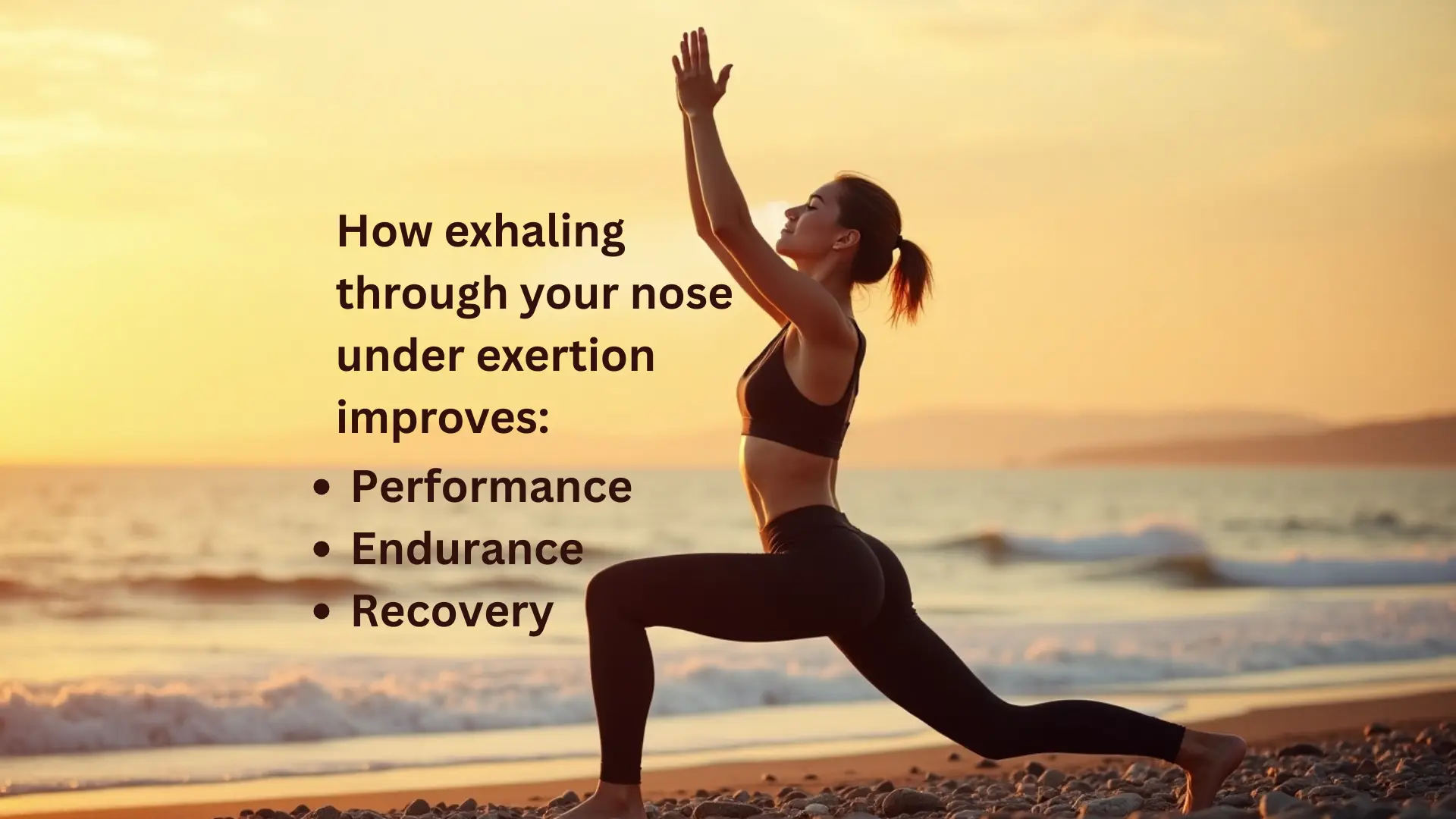 Realistic woman in deep lunge on Southsea beach, portsmouth, arms overhead, mouth closed, with nasal exhalation visibly exiting downward from nostrils, demonstrating breathing for endurance under physical effort.