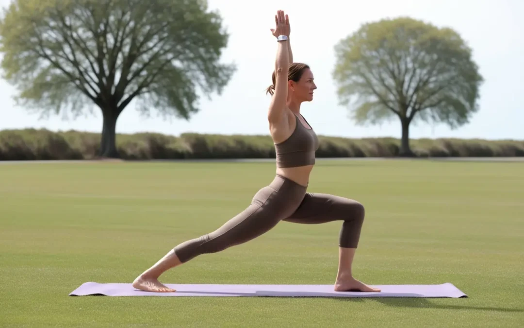 Woman doing Triangle Pose on grass with tall green trees clearly visible in the background on a bright cloudy day — yoga classes in Southsea for beginners.