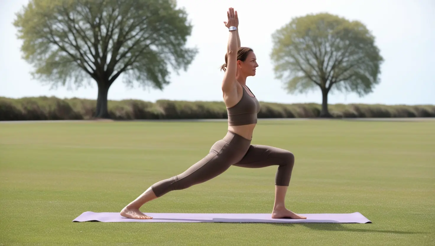 Can you stretch Fascia? Woman doing Triangle Pose on grass with tall green trees clearly visible in the background on a bright cloudy day — yoga classes in Southsea for beginners.
