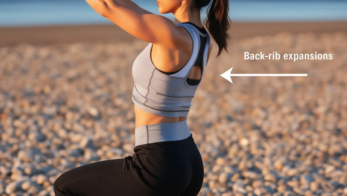 Leonardo_Phoenix_09_A_woman_in_casual_workout_clothing_perform_3 A woman working out at Southsea beach demonstrating 360 breathing and bracing