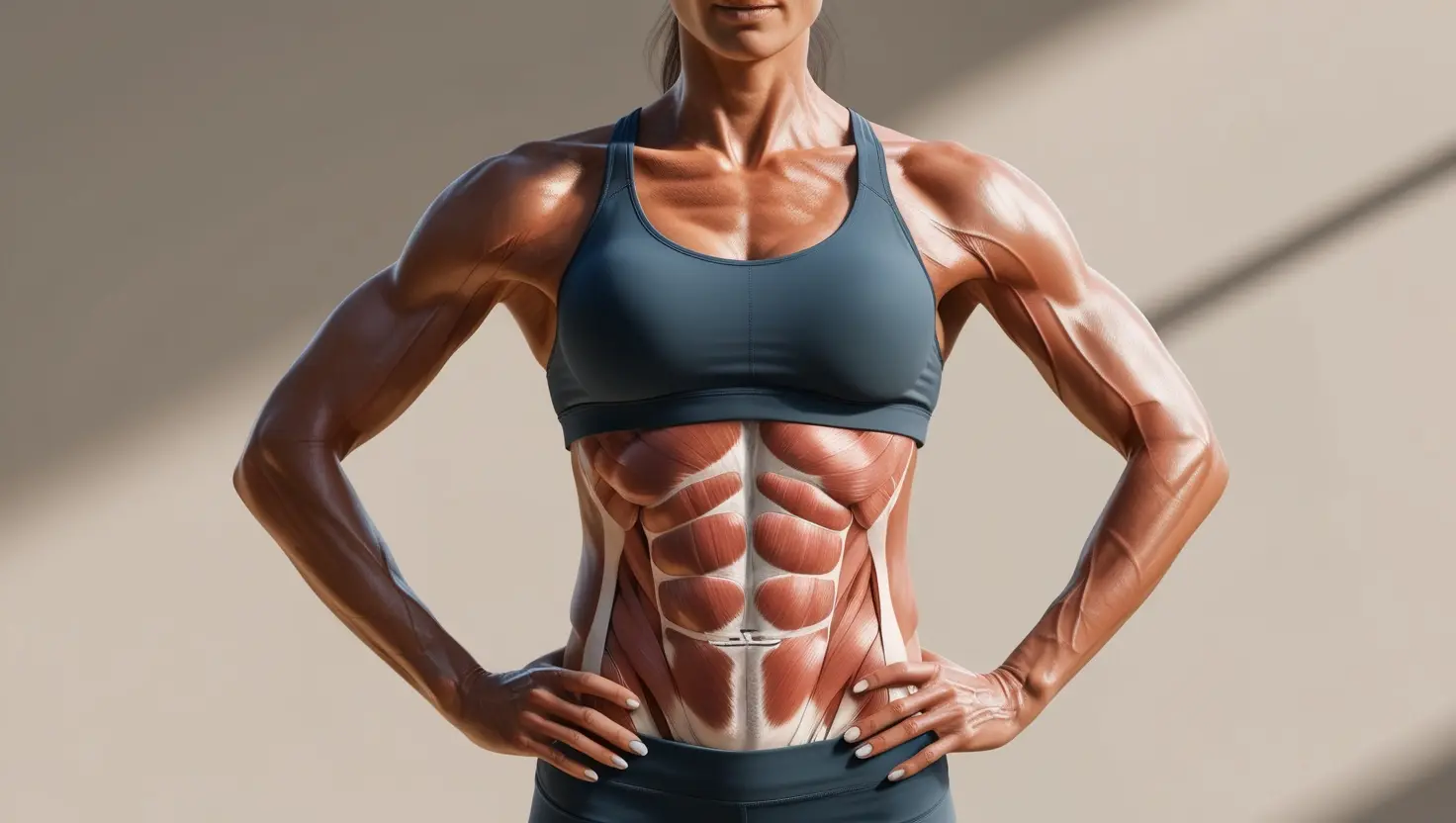 Leonardo_Phoenix_09_Realistic_front_view_of_a_fit_woman_standi_3 Illustration of a woman demonstrating breathing efficiency for fitness, showing detailed core muscles and diaphragm in a realistic layered view