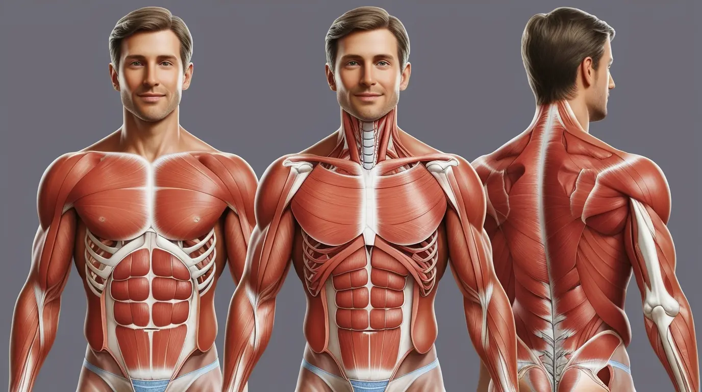 Leonardo_Phoenix_09_A_highly_realistic_anatomical_illustration_0 A realistic male torso showing how to stretch your core muscles, with semi-transparent layers revealing the abdominal muscles, obliques, and transverse abdominis.<br />