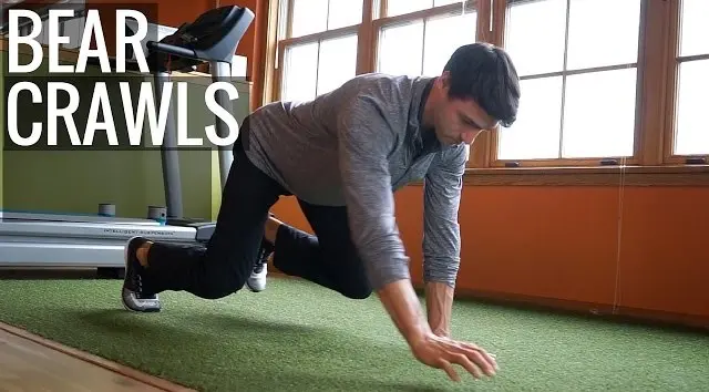 sddefault Illustration of an active bear crawl and reach stretch, showing a person on hands and feet extending one arm forward in a dynamic stretching movement
